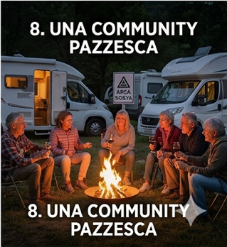 gruppo di persone riunite attorno al falò tra i loro camper